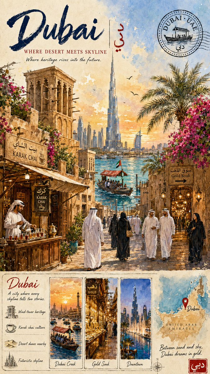 Vintage Dubai Watercolor Travel Poster preview image