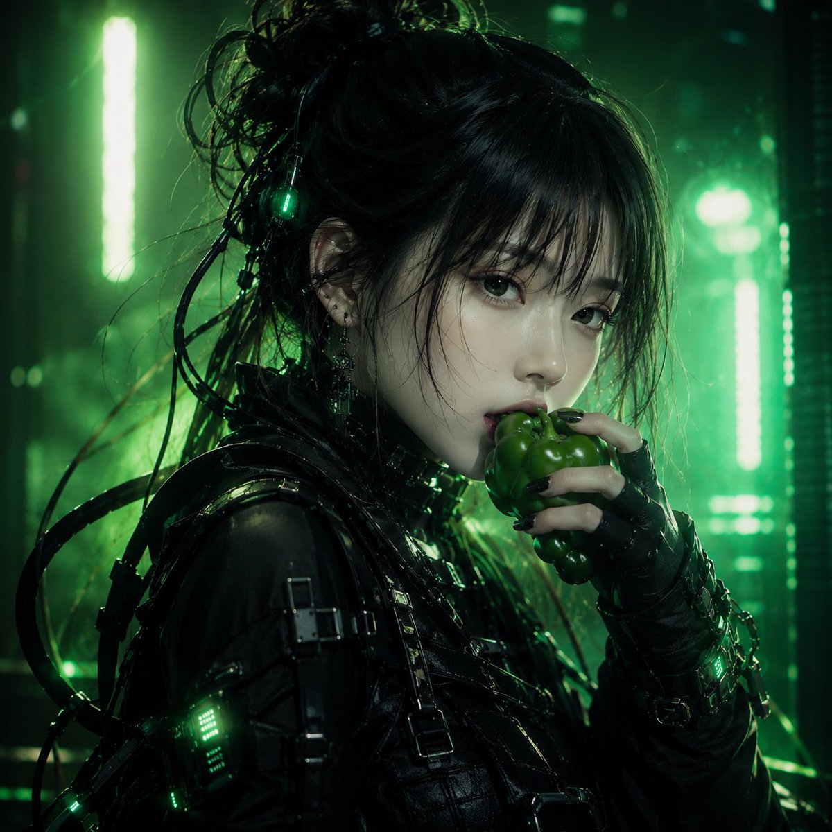 Cyberpunk Woman Eating Bell Pepper preview image