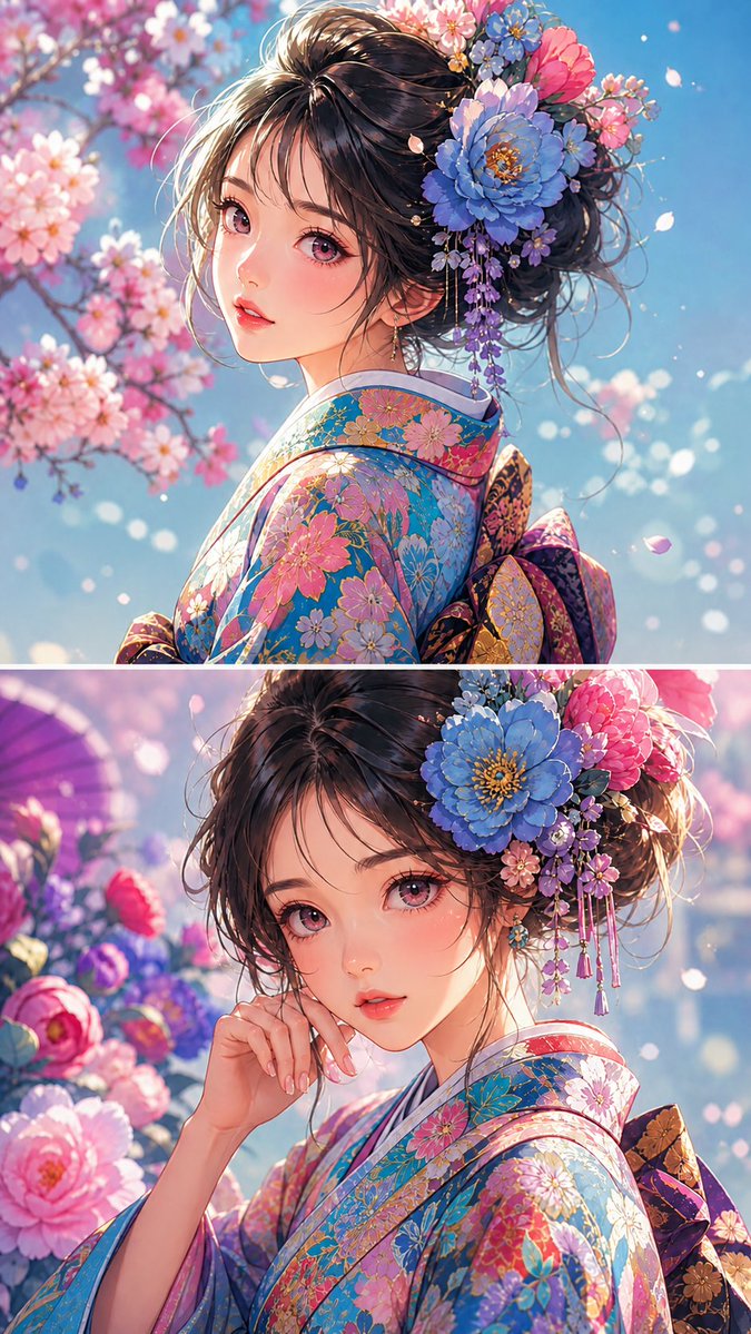 Anime Girl Floral Kimono Portrait preview image