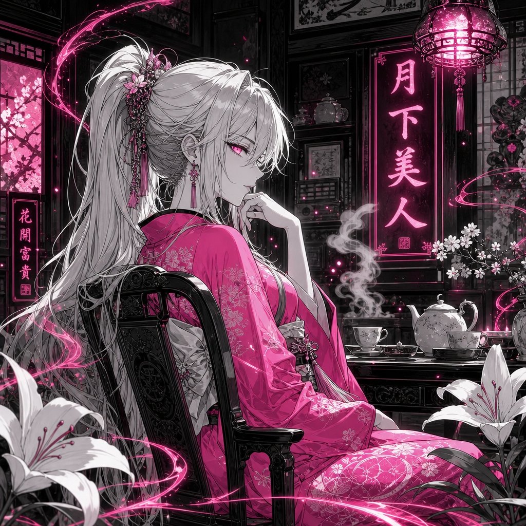 Neon Moonlit Anime Teahouse Beauty preview image
