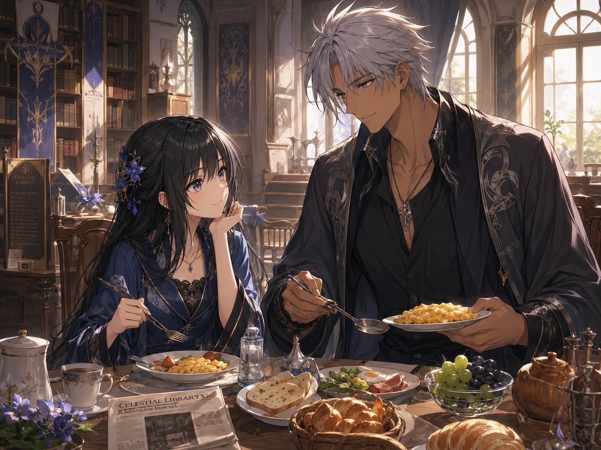 Fantasy Library Breakfast Scene preview image