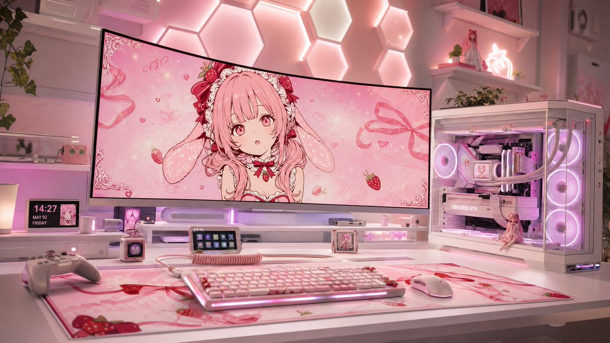 Pastel Pink Anime Gaming Desk Setup preview image
