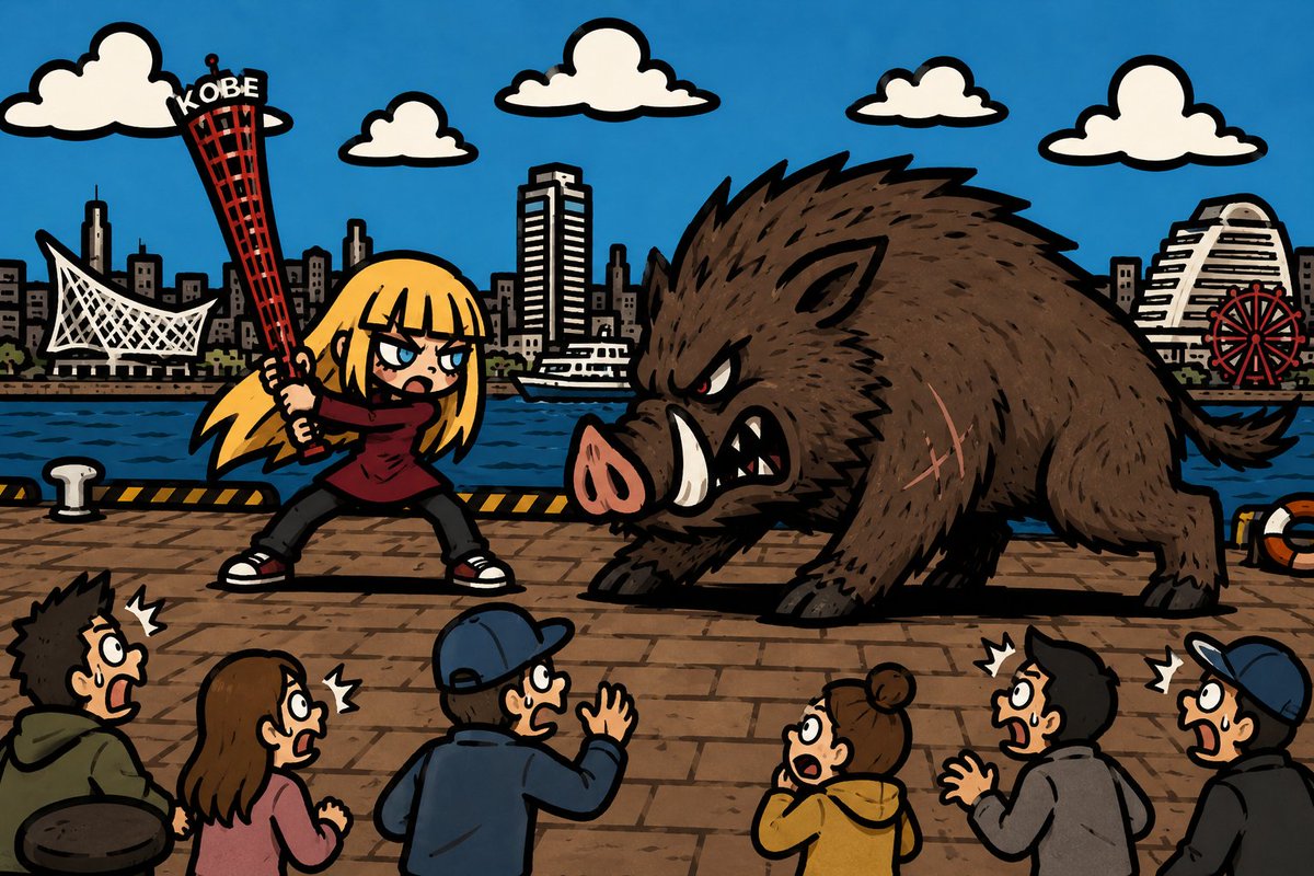 Kobe Harbor Boar Battle Cartoon preview image