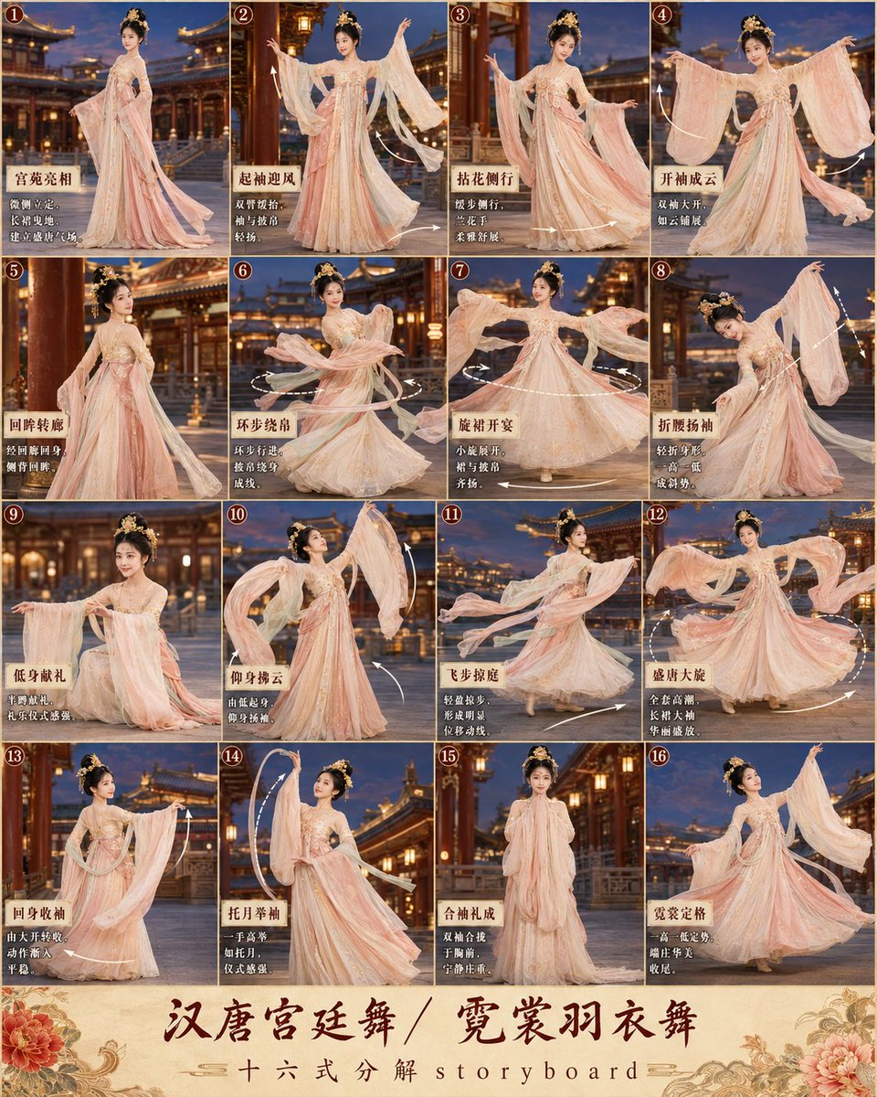 Storyboard prompt for the 3rd image:
Please create a highly completed and high-definition "Han and Tang Dynasty Court Dance / Rainbow Feather Dance · 16-grid storyboard preview image"
