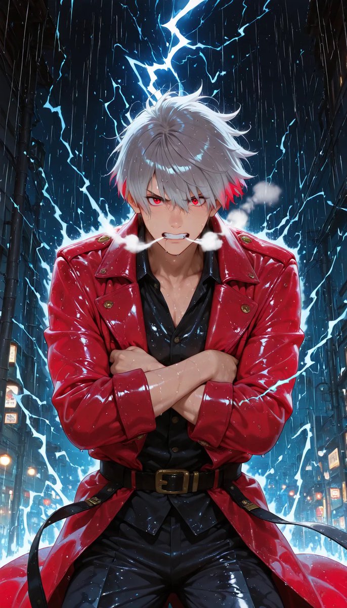 Rainy Anime Swordsman in Red Coat preview image