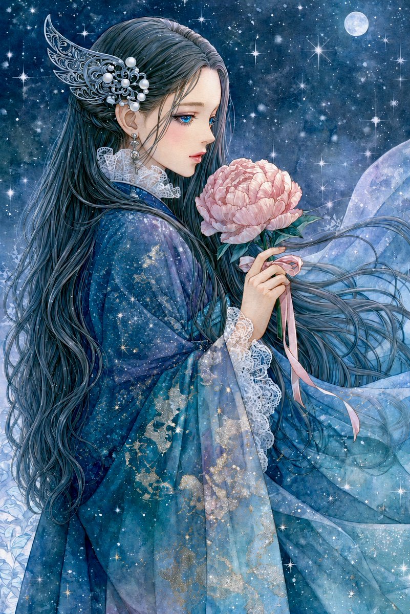 Moonlit Anime Woman with Peony preview image