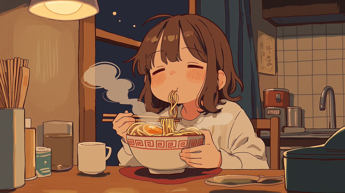Sleepy Woman Eating Ramen at Night preview image