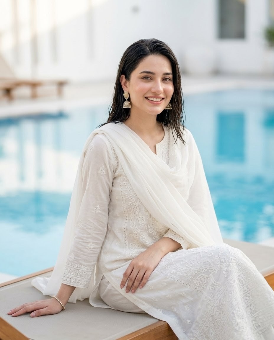 White Pakistani Poolside Fashion Portrait preview image