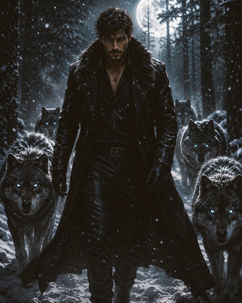 Man and Wolves Snowy Forest preview image