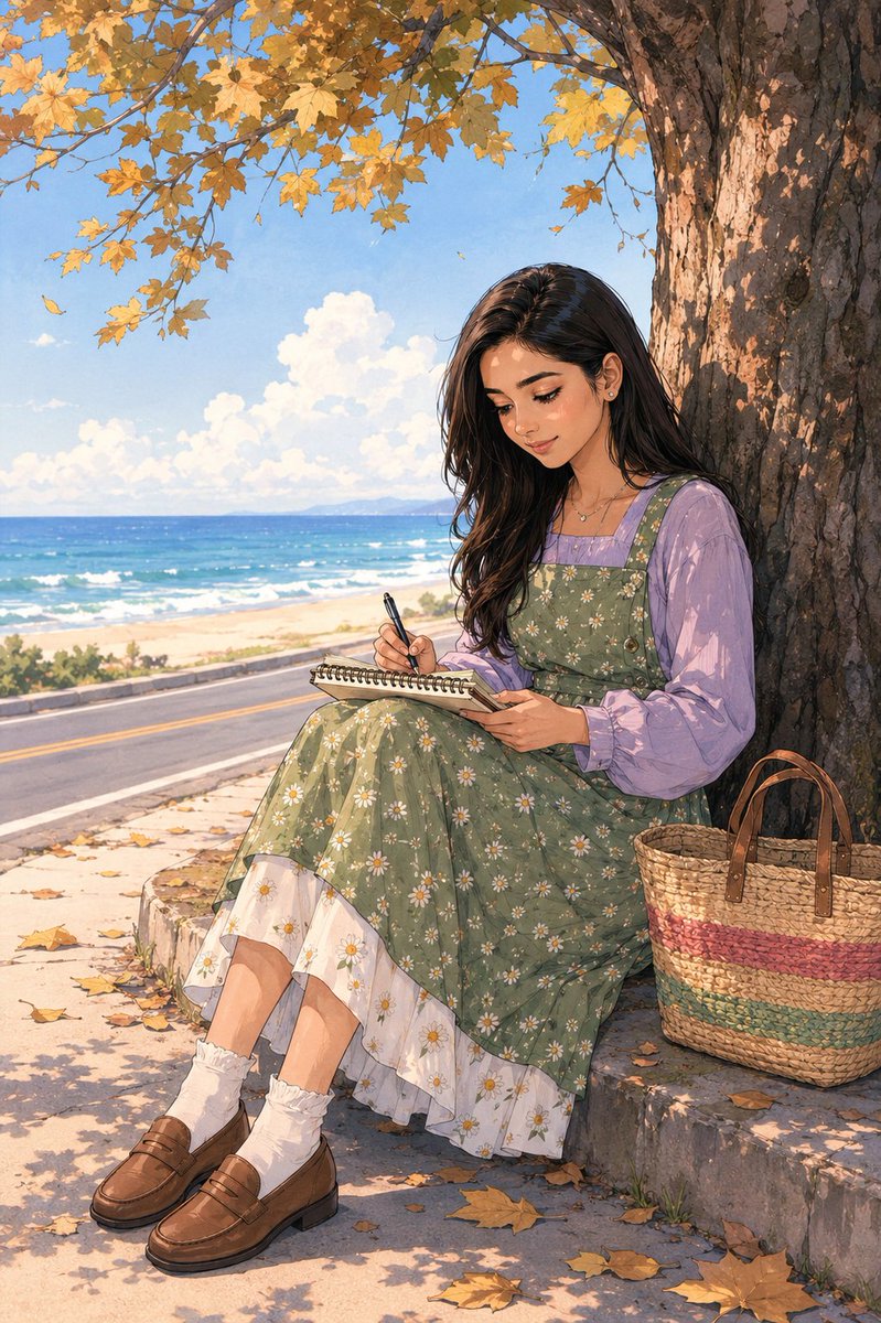 海边的动漫女孩素描预览图
