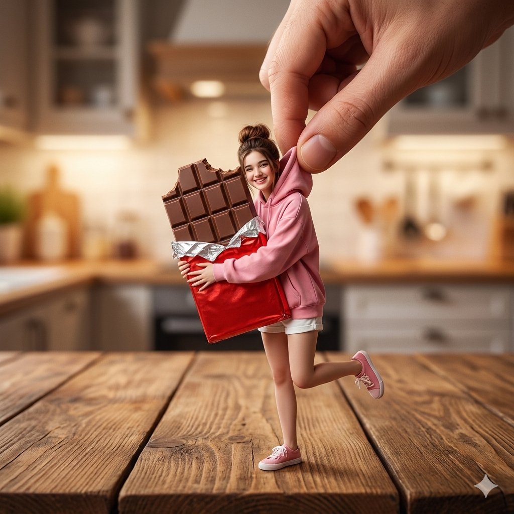 Miniature Woman Hugging Giant Chocolate preview image