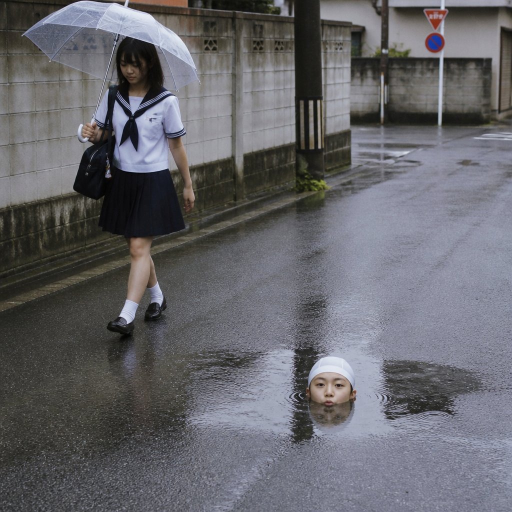 雨中的街道女学生和水坑头预览图
