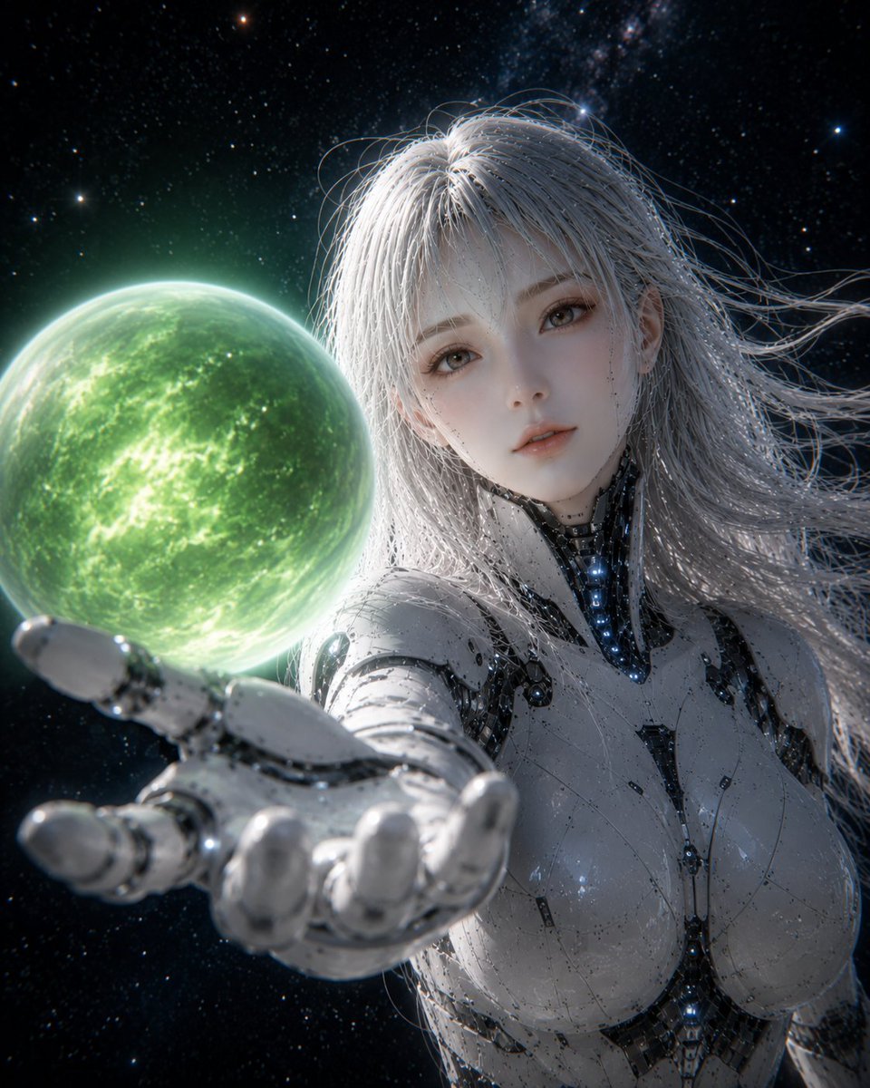 Female Android Holding Green Planet preview image