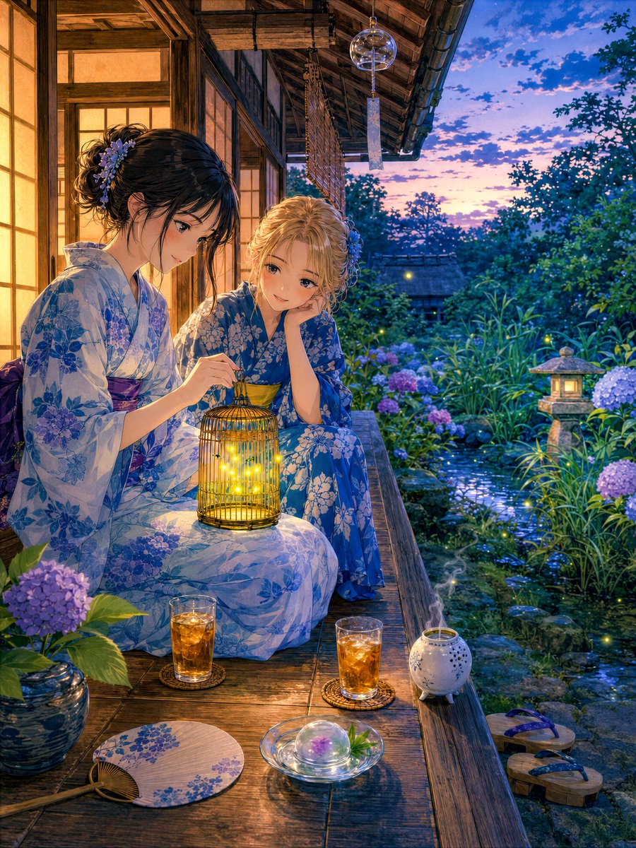 夏日阳台上观萤火虫的女孩预览图
