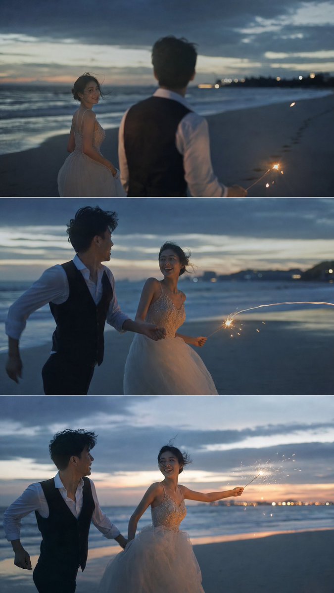 电影般的沙滩婚礼三联画预览图像