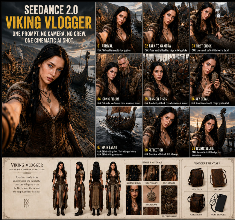 Seedance Viking Vlogger Storyboard Poster 预览图像