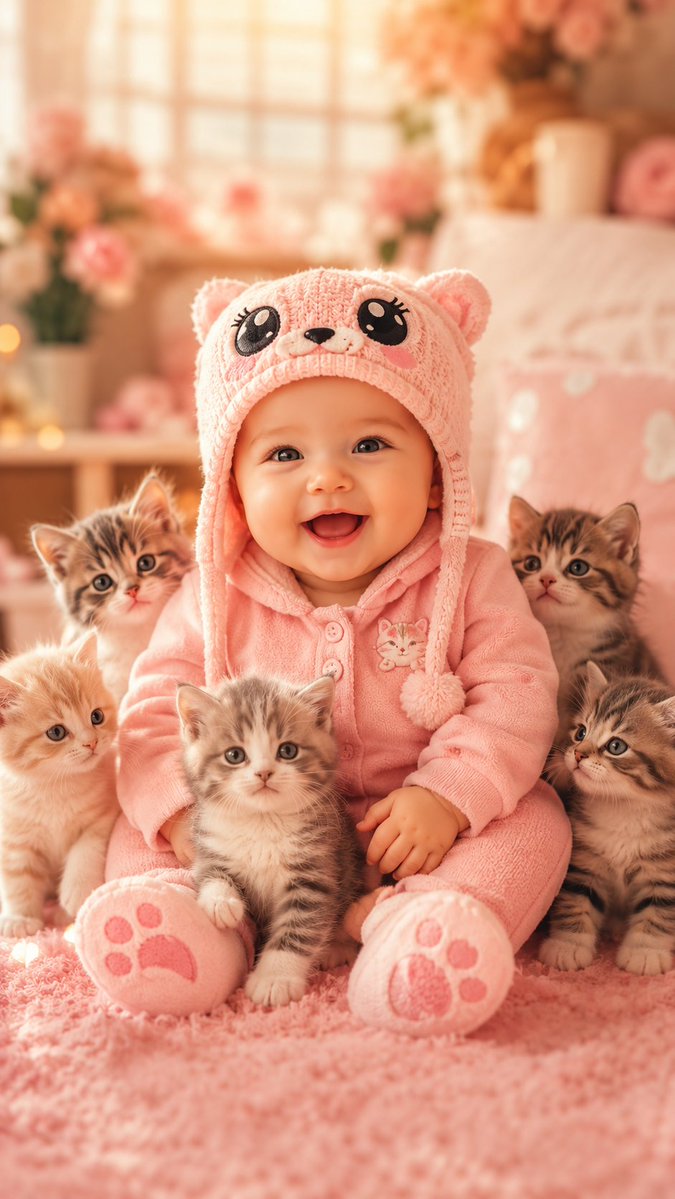 带着五只小猫的微笑婴儿预览图