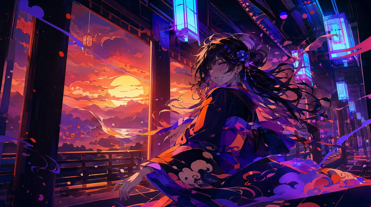 霓虹日落和服女孩预览图像