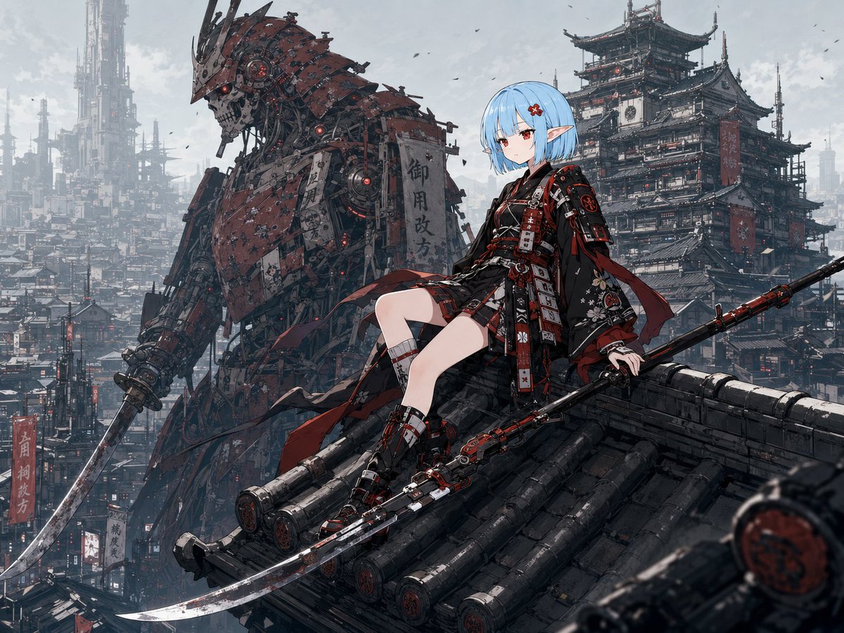 赛博朋克武士精灵在寺庙屋顶预览图像