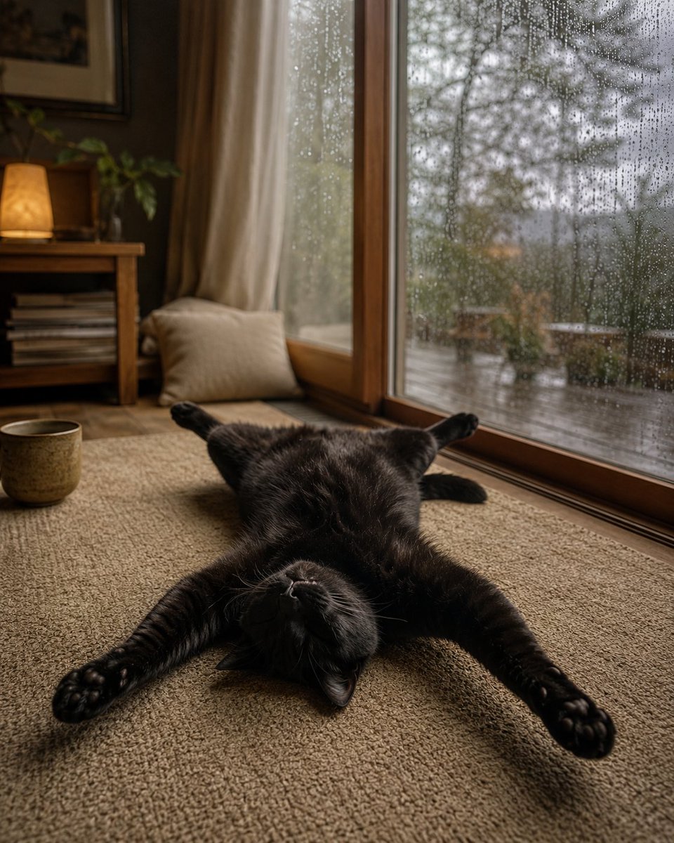 雨天放松的黑猫预览图像
