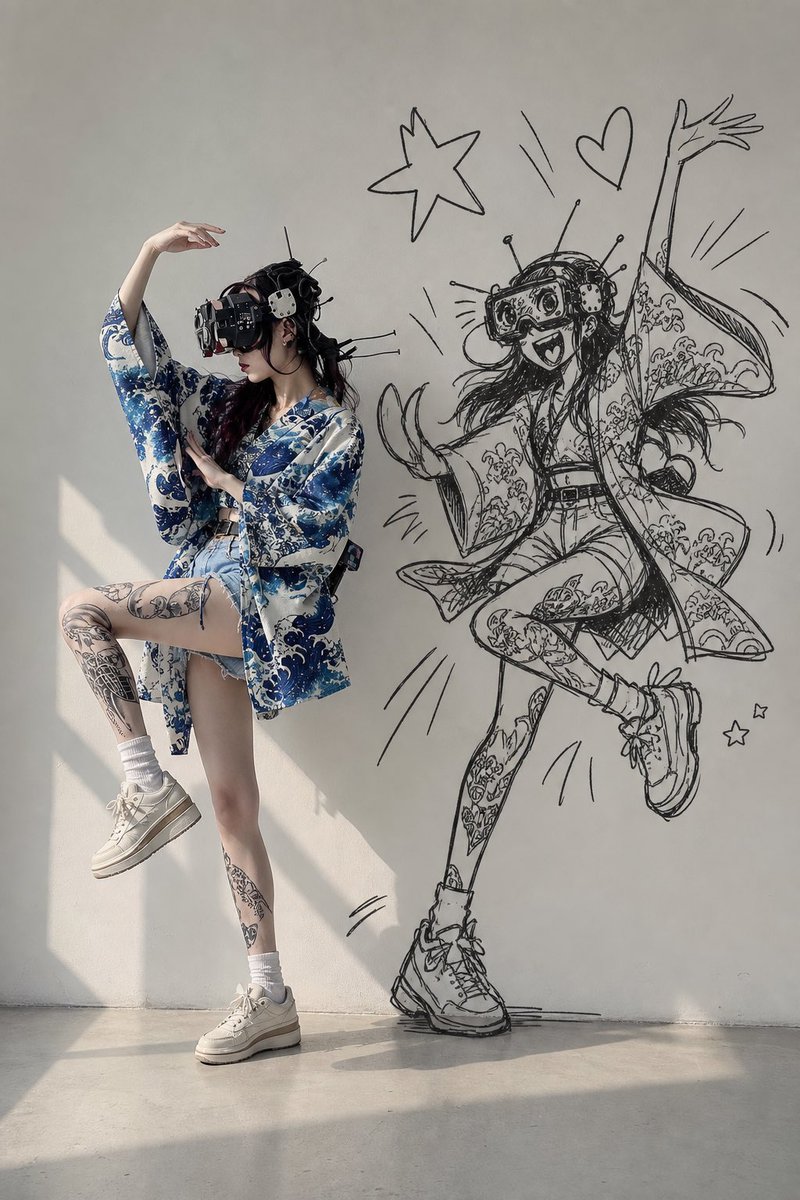 VR 和服女孩与动漫墙面草图预览图