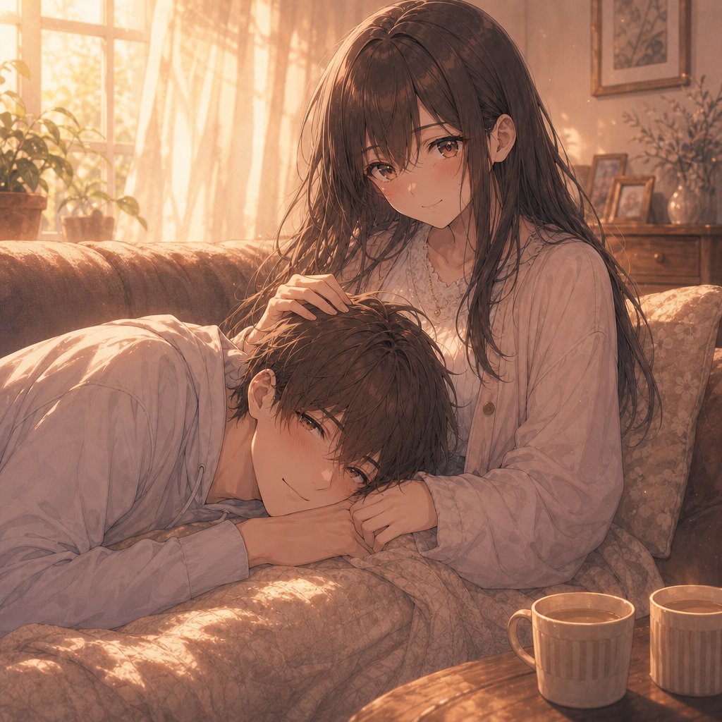 Sunlit Anime Couple on Sofa 预览图片