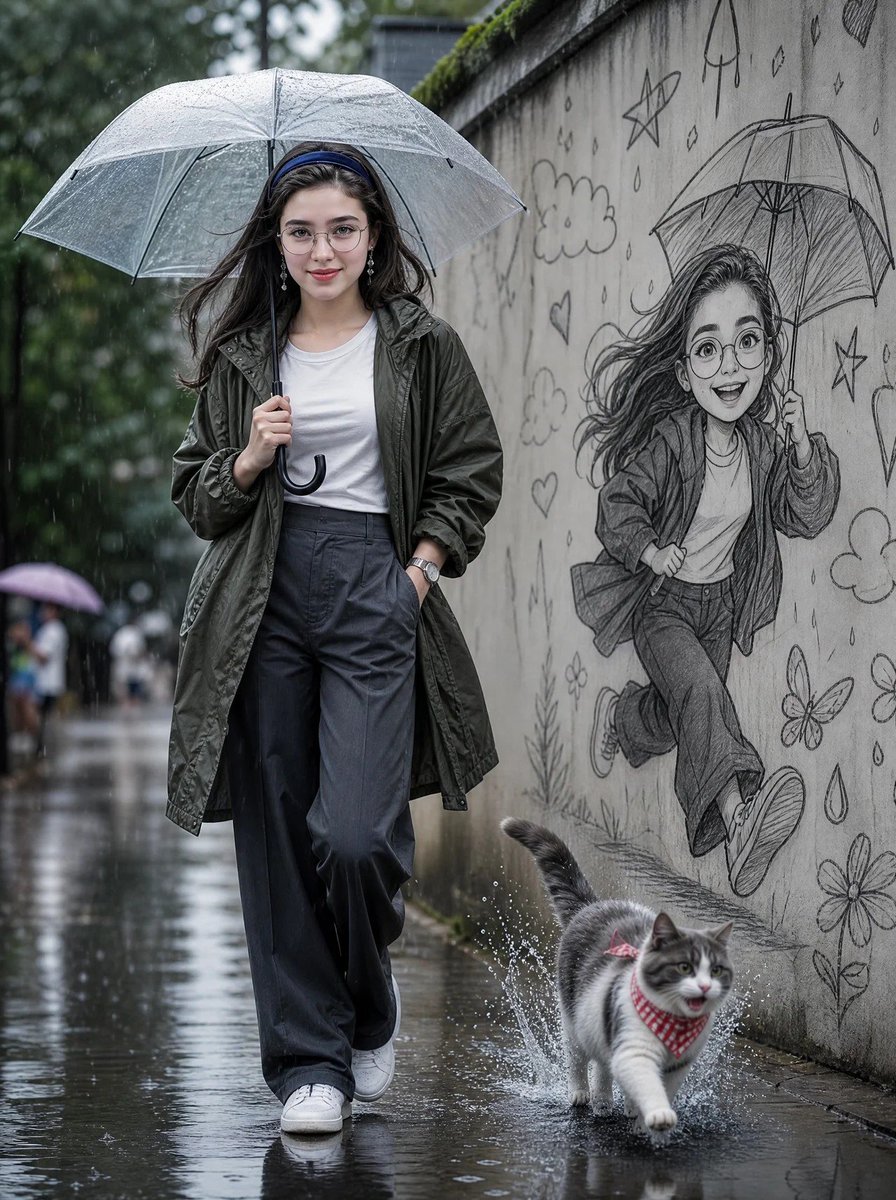 雨中街道肖像,带有铅笔壁画预览图像