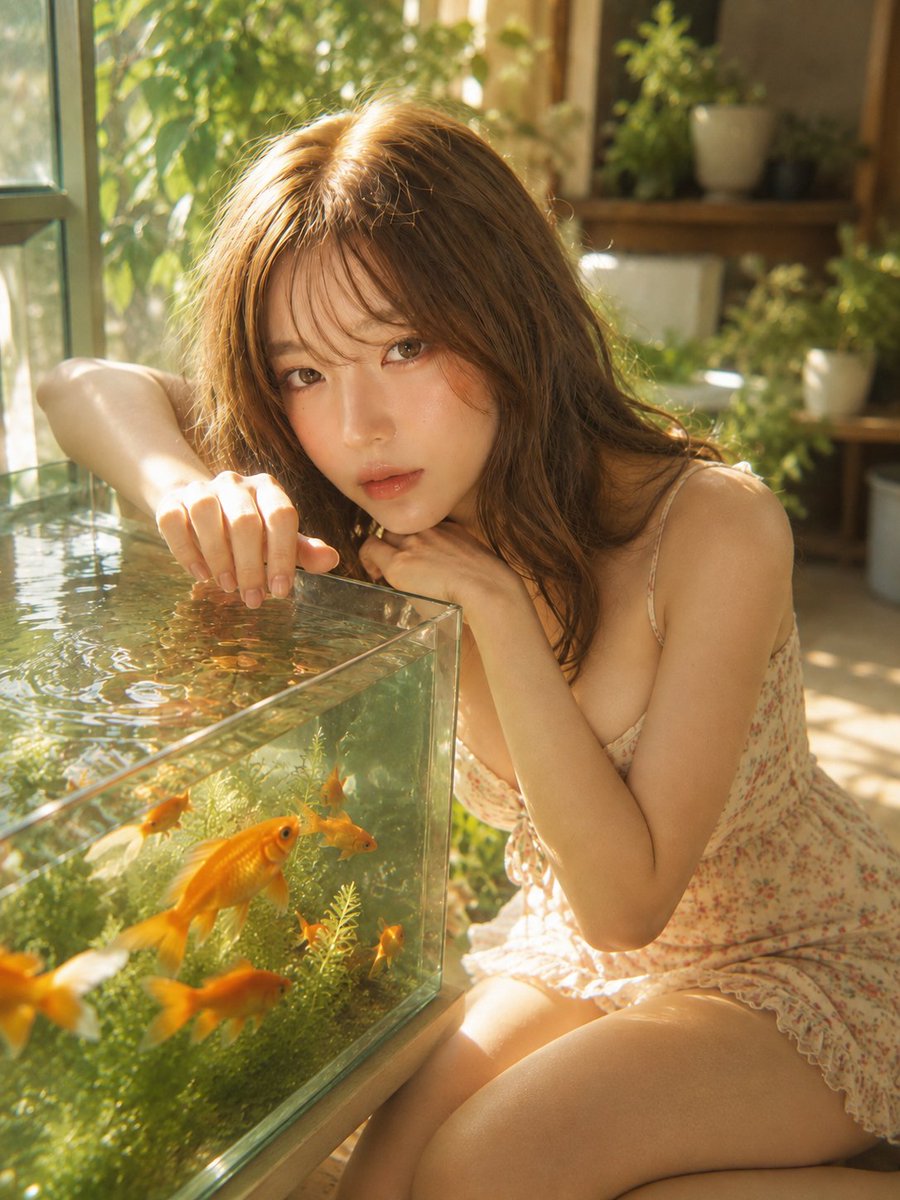 Woman by a Goldfish Tank in a Sunlit Room preview image