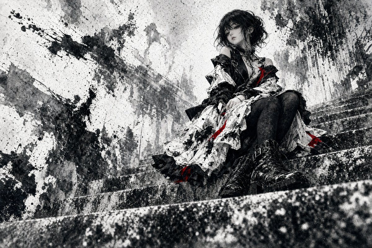 Gothic Girl on Ink-Splattered Stairs preview image