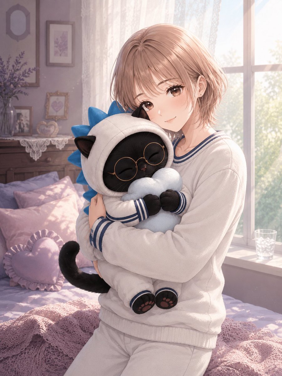 Anime Girl Hugging Black Cat Plush preview image