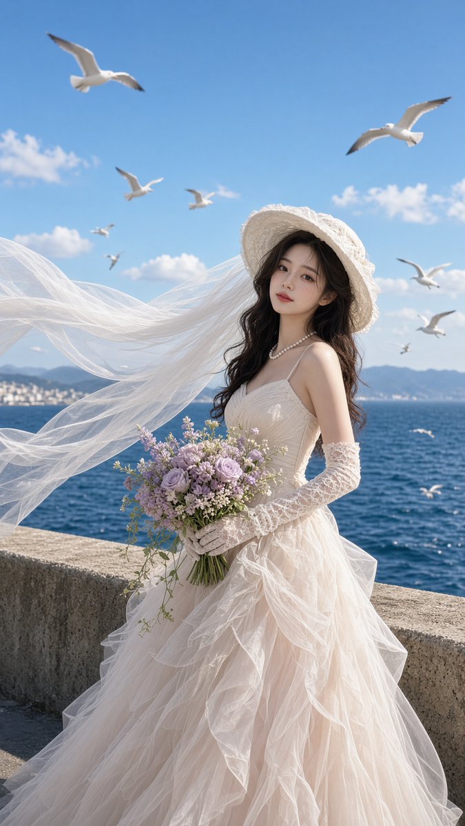 Seaside Bridal Portrait With Seagulls preview image