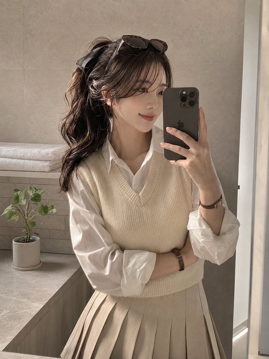 Soft Preppy Bathroom Mirror Selfie preview image
