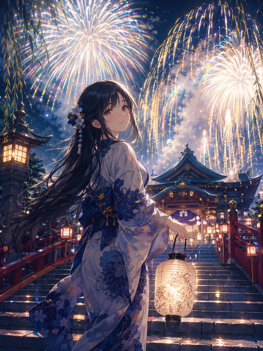 Girl in Yukata with Platinum Fireworks preview image