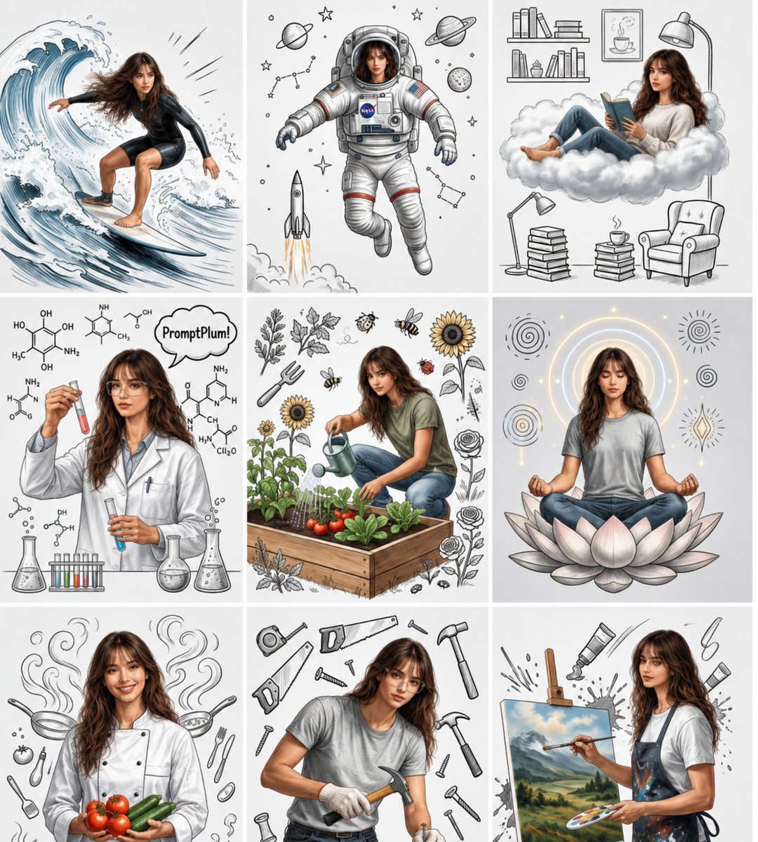Consistent Character Nine-Panel Illustration Collage preview image