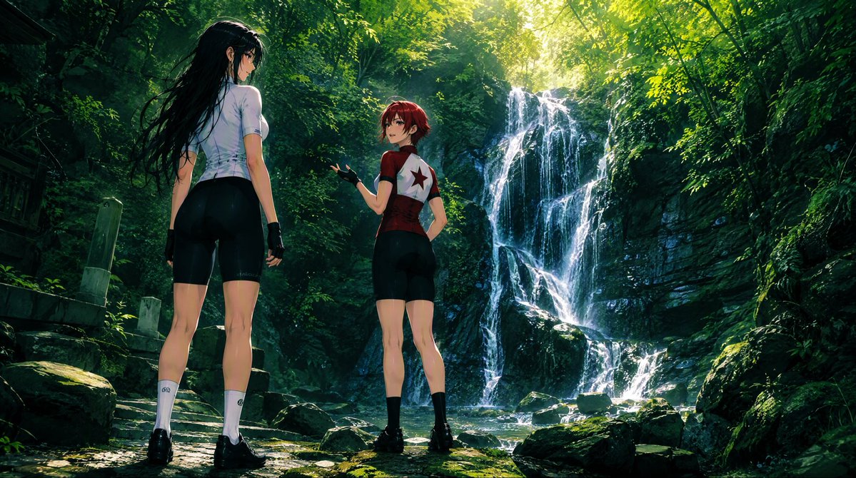 Anime Cyclists at Forest Waterfall preview image