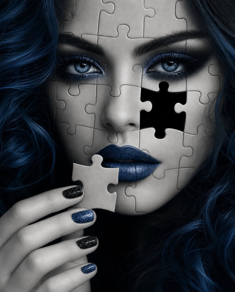 Greyscale Puzzle Portrait with Color Accent preview image
