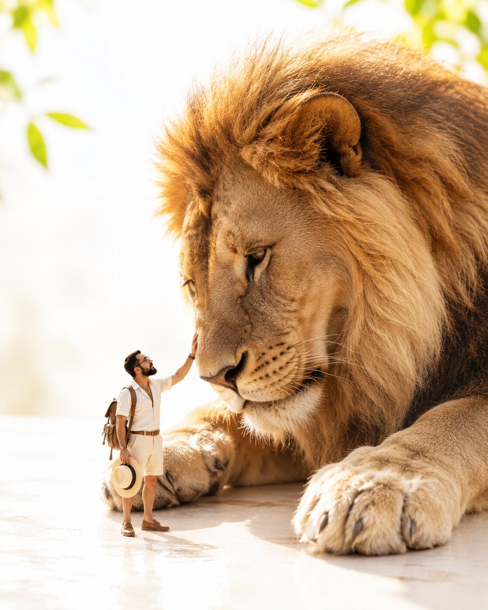 Tiny Safari Explorer With Giant Lion preview image
