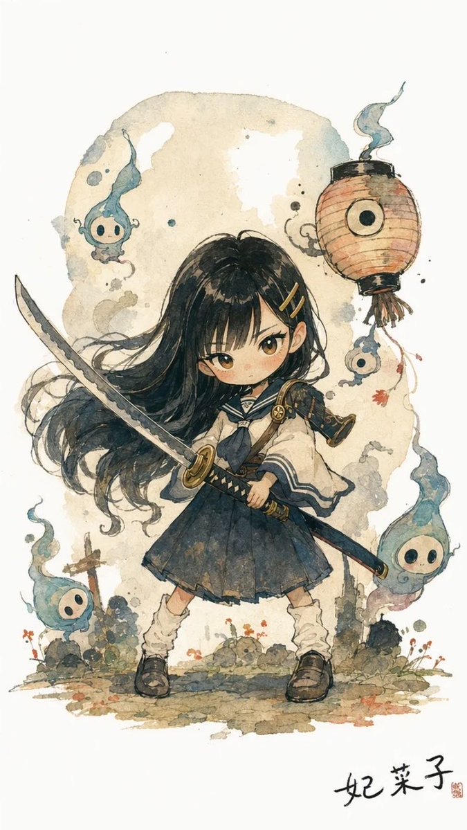 Watercolor Chibi Schoolgirl Swordswoman preview image
