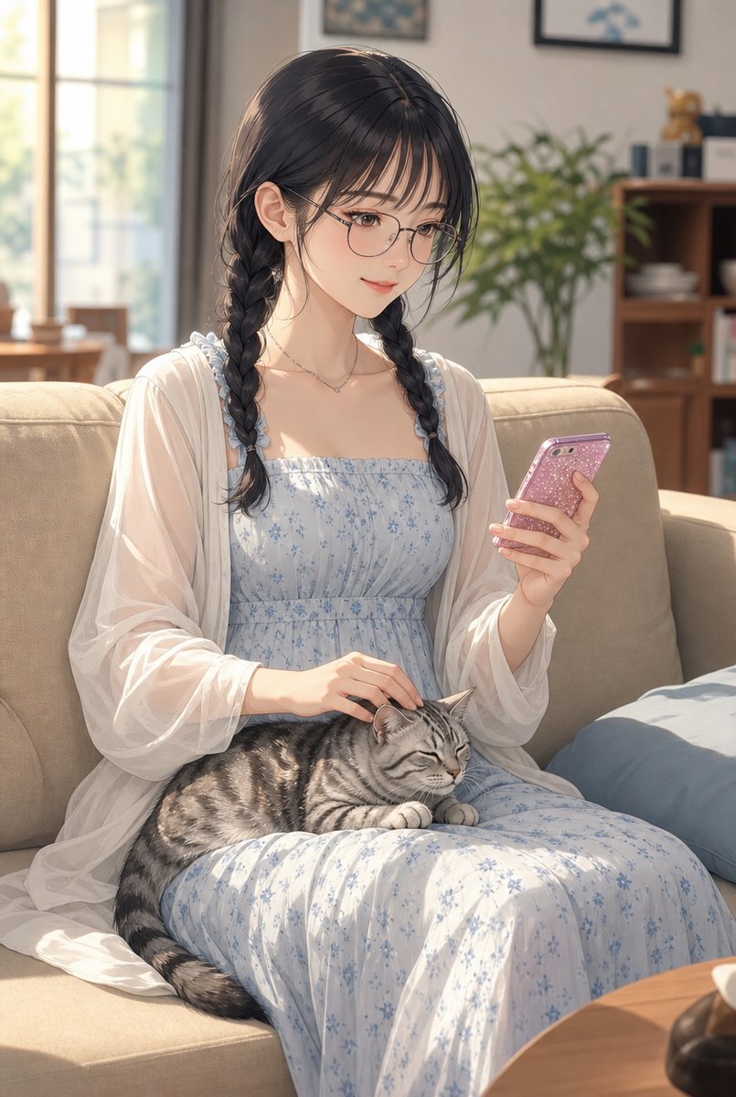 Anime Woman With Cat on Sofa preview image