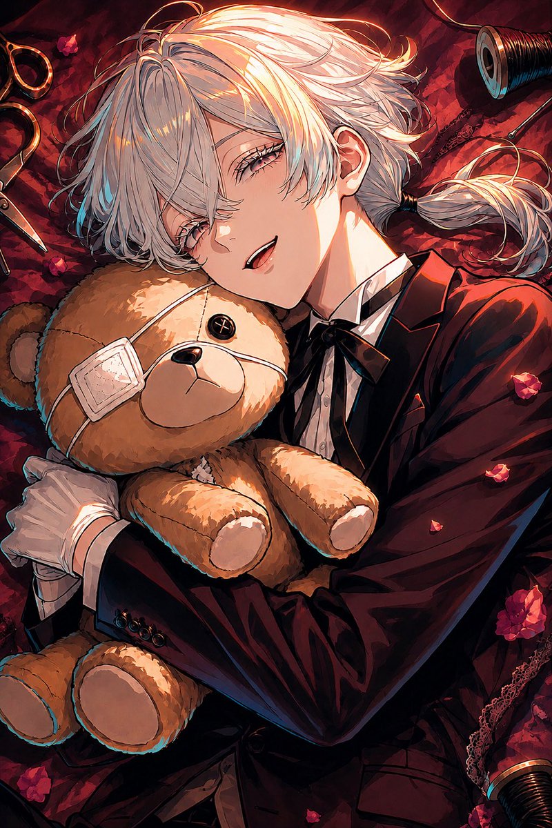 Gothic Anime Boy Hugging Teddy Bear preview image