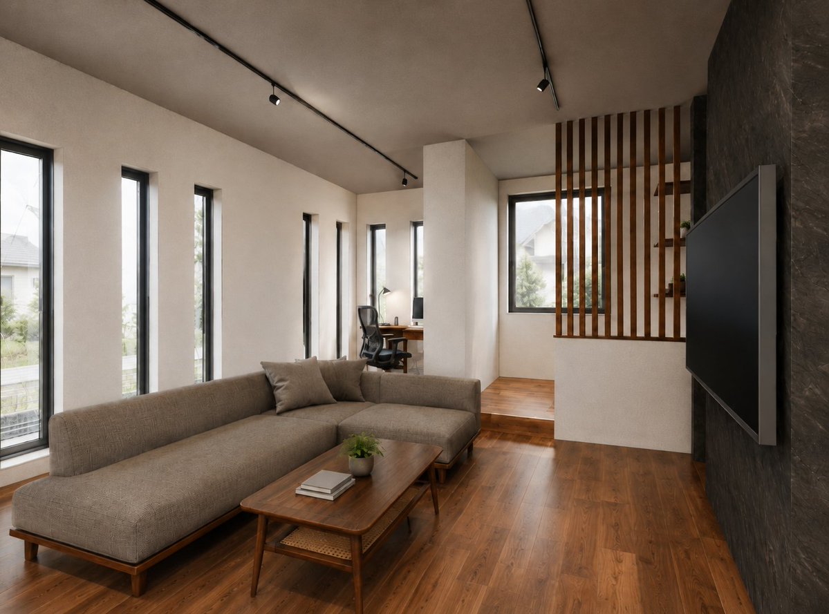 Warm Modern Japanese Living Room Render preview image