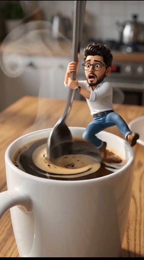Tiny Chibi Man Stirring Giant Coffee preview image
