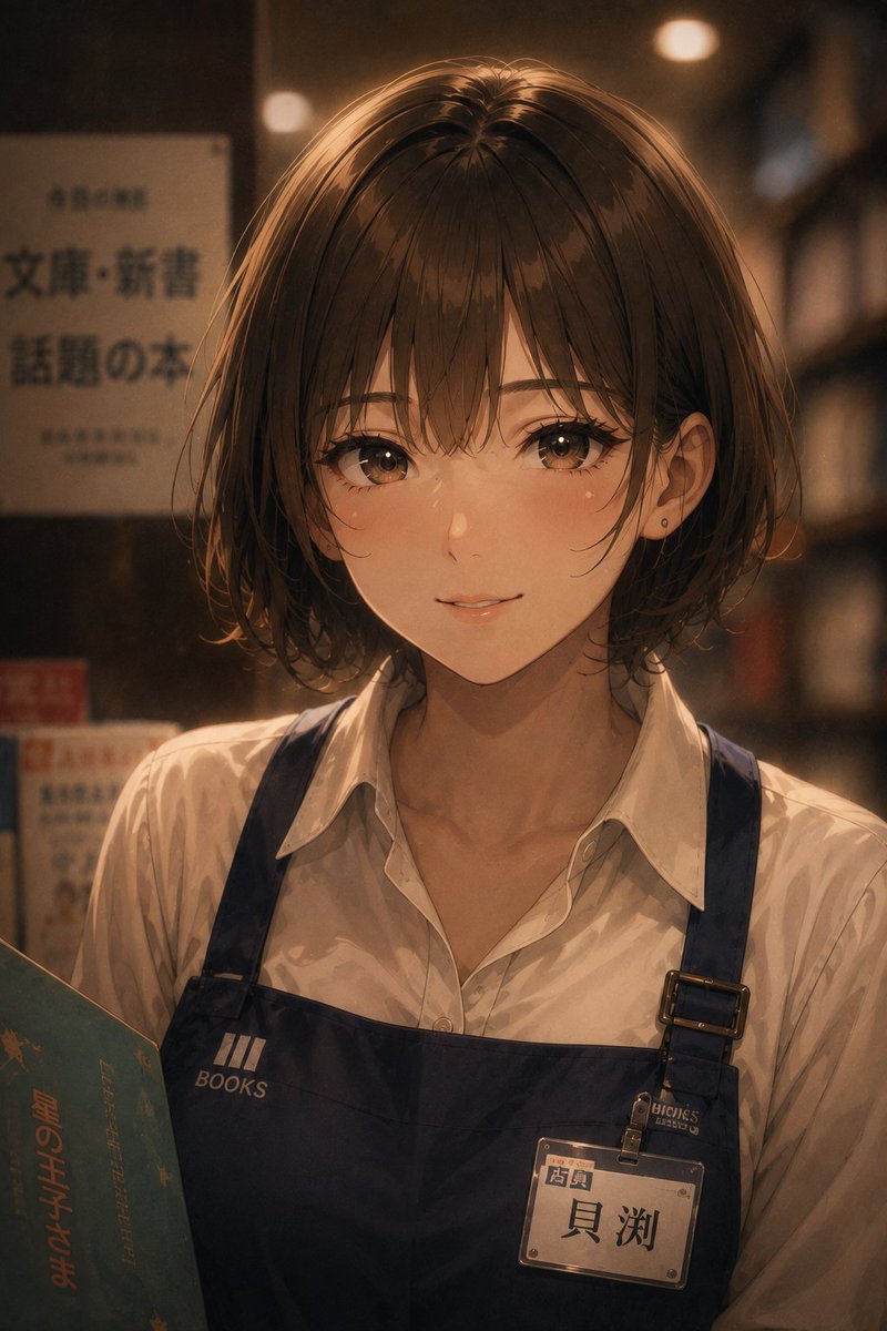 Warm Anime Bookstore Clerk Portrait preview image