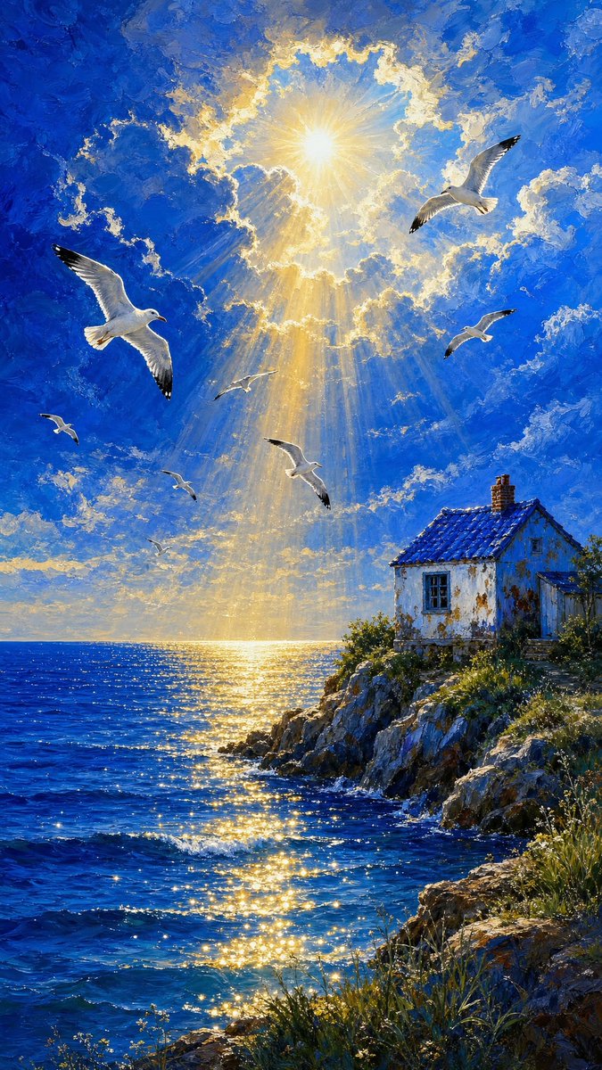 Painterly Coastal God Rays Illustration preview image