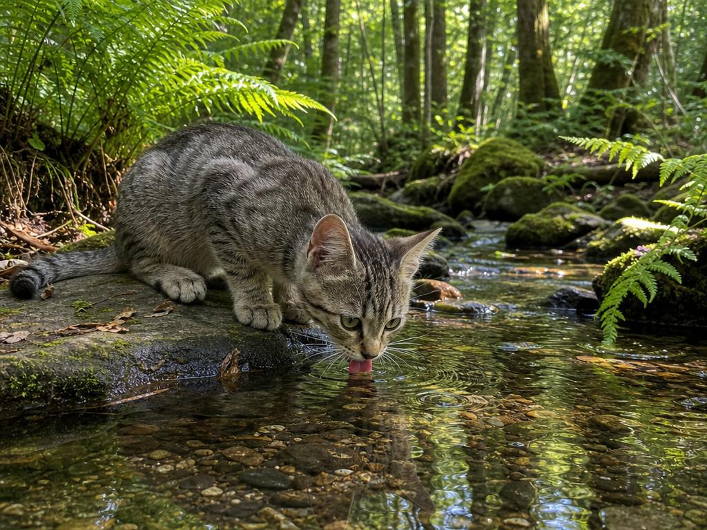 Cat Drinking from Forest Stream preview image
