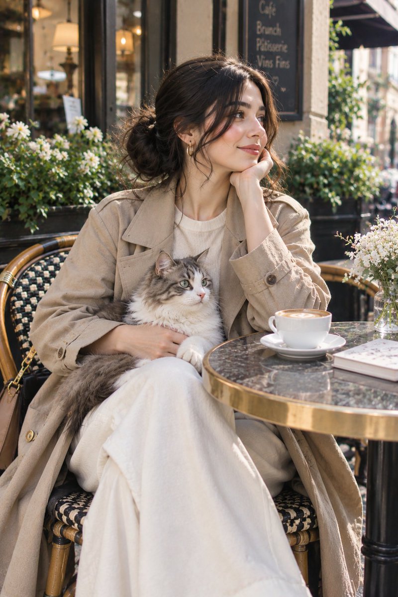 Parisian Cafe Woman with Cat Prompt preview image