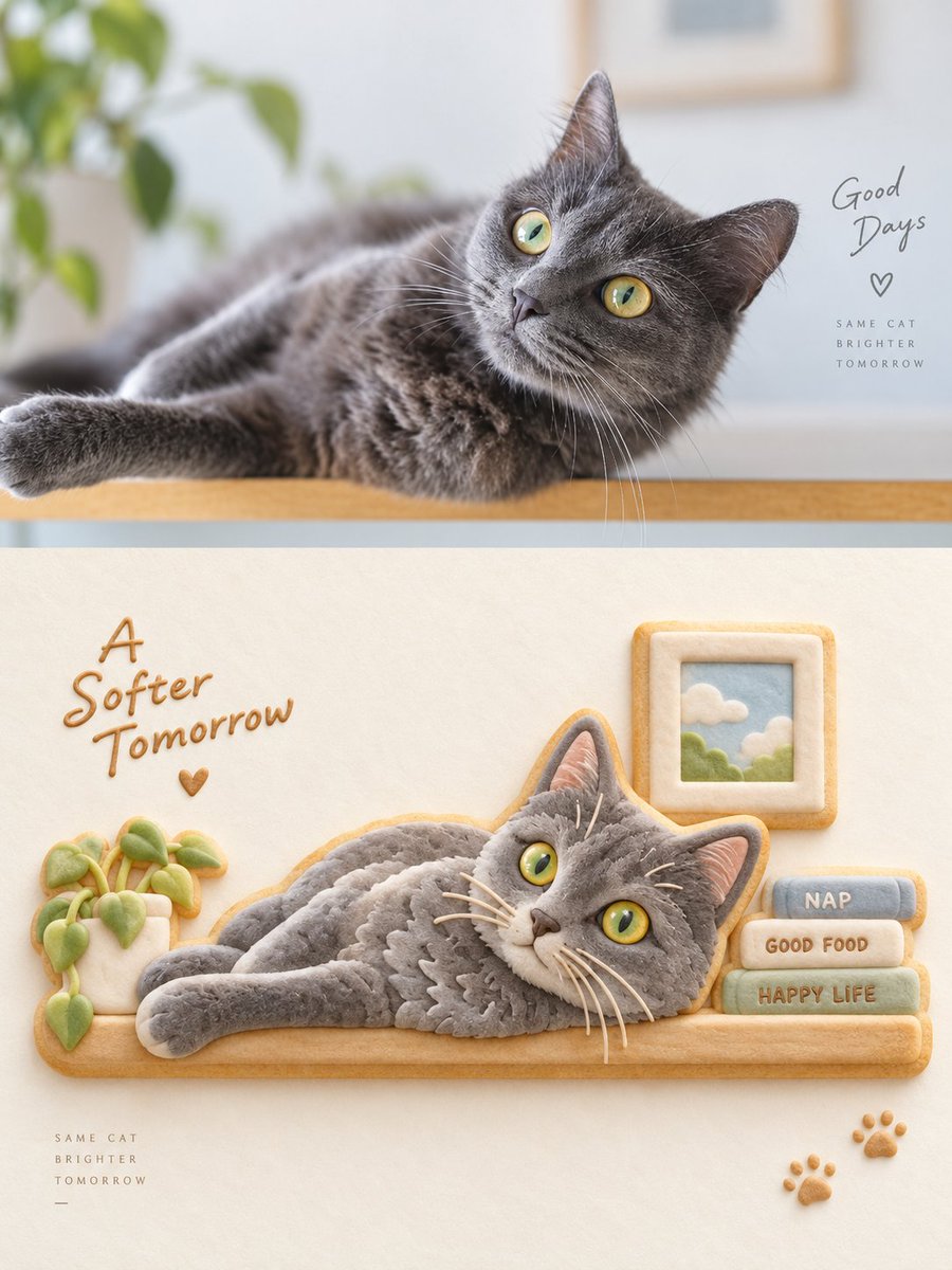 Grey Cat Photo vs Cookie Art Diptych preview image