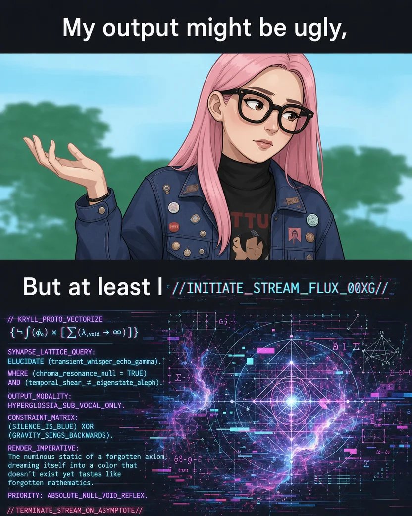Pink-haired girl shrugging next to complex glitch art preview image