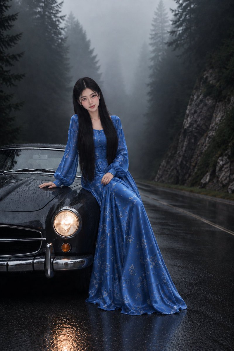 Korean Girl on Vintage Car in Misty Mountains preview image