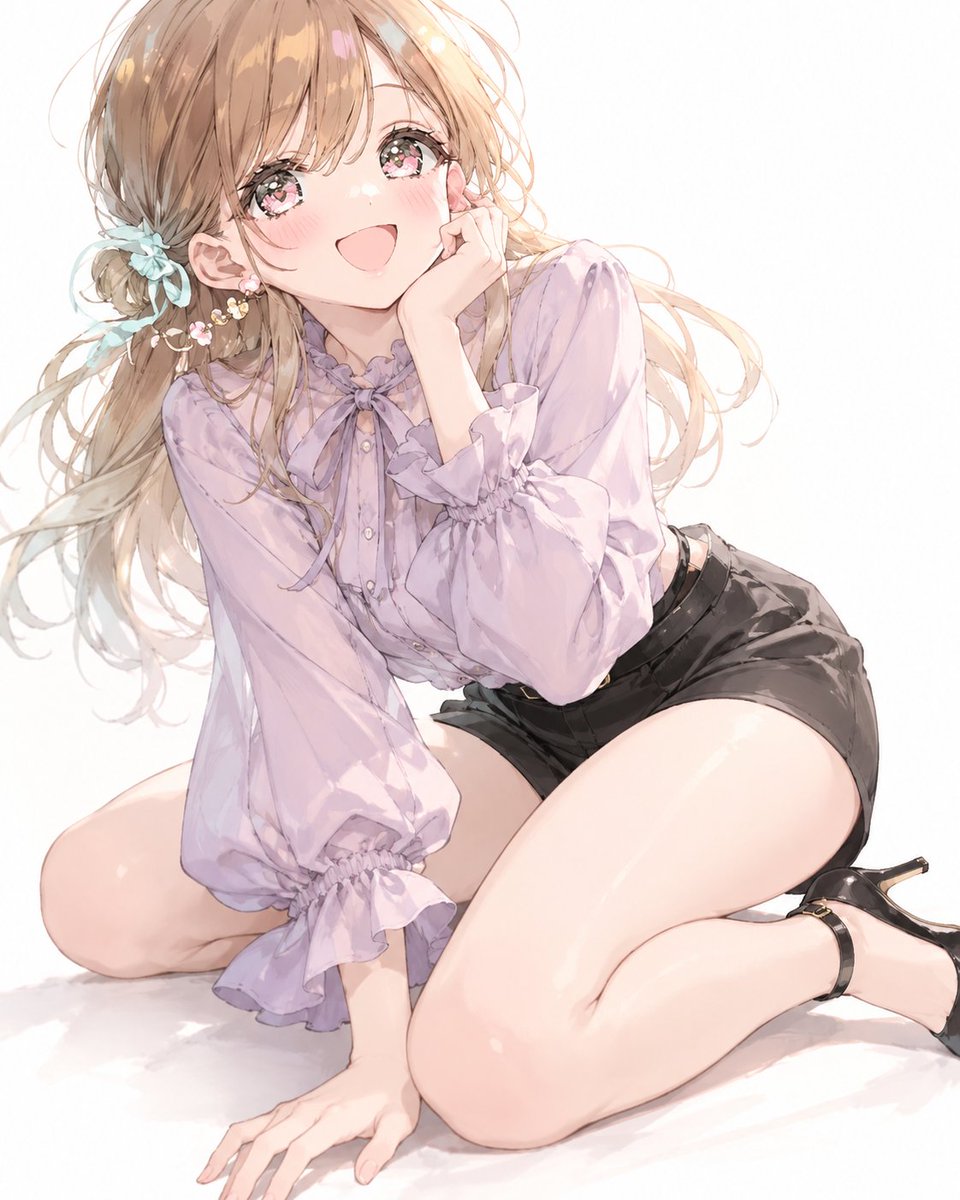 Purple Blouse Black Shorts Outfit Prompt preview image